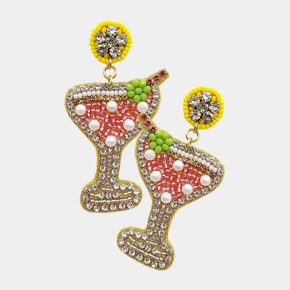 Martini felt back rhinestone pearl dangle earrings - Picture 1 of 3